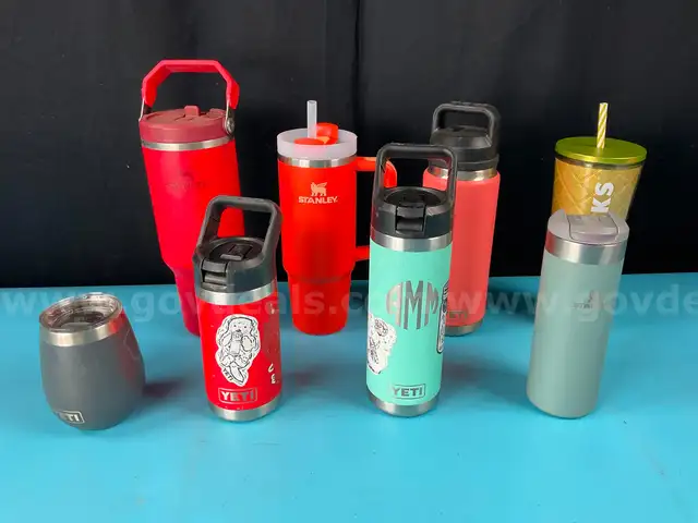 8 - Water Bottles Labeled YETI, Starbucks and Stanley