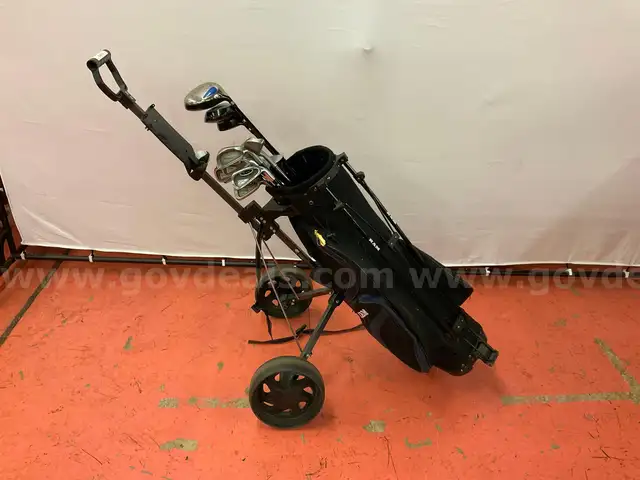 15 - Golf Clubs in Ram Bag (Damaged) with Cart: 3 - Drivers, 2 - Putters and 10 - Clubs with Hippo Cart
