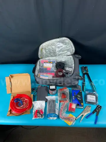 Lot of Audio Electronics, Wiring, Accessories and Tools in Kenneth Cole Suitcase