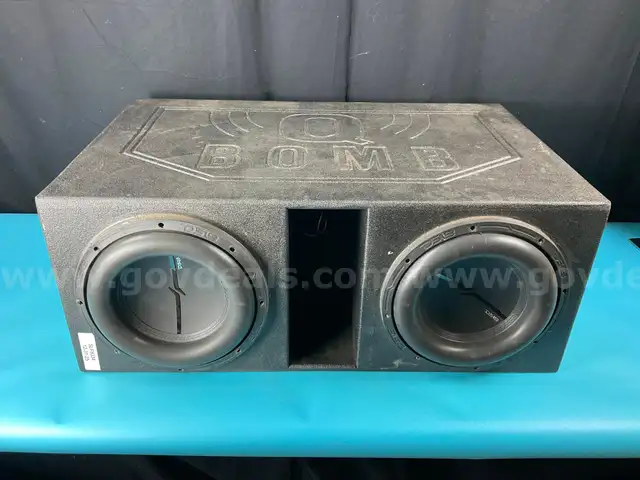 2 - DS18 12" Subwoofers in Q Bomb Box, Dimensions: 36"x14.5"x22.5", Untested (Minor Exterior Damage)
