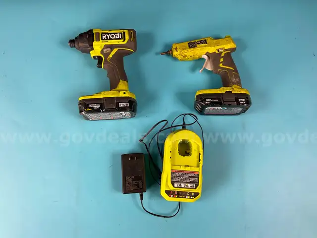 2 - Ryobi Cordless Power Tools with Batteries and Charger, All Power On