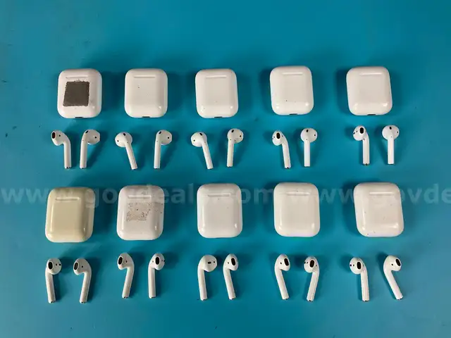 10 - Apple AirPods 1 with Lightning Charging Cases Model A1602, All Power On