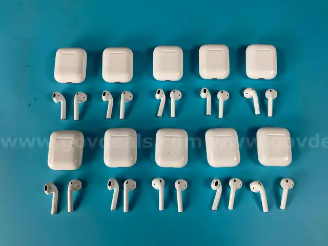 10 - Apple AirPods 1 with Lightning Charging Cases Model A1602, All Power On