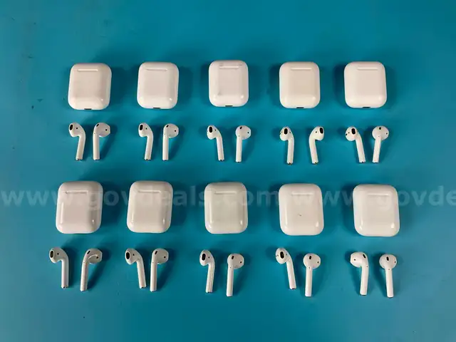 10 - Apple AirPods 1 with Lightning Charging Cases Model A1602, All Power On