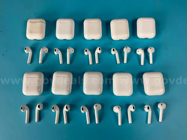 10 - Apple AirPods 1 with Lightning Charging Cases Model A1602, All Power On