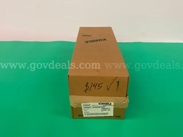 1 - Kimble Kimax 2000 mL Squibb Pear-Shaped Separatory Funnel with Glass Stopper, Model 29048-F in Box