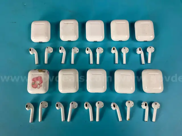 10 - Apple AirPods 1 with Lightning Charging Cases Model A1602, All Power On