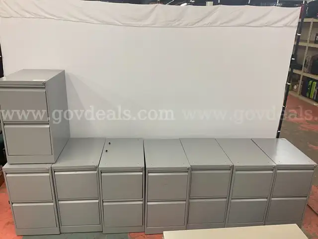 8 - 2 Drawer Filing Cabinets, Make and Model Unknown, Dimensions: 15" x 23" x 28" All Unlocked (No Keys)