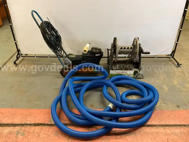 Hayward Super II Pool Pump, Model C48K2N143B3 On Cart With Hose Attachment & Ames Hose Cart