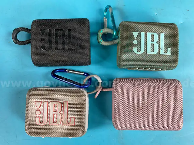 4 - Bluetooth Portable Wireless Speakers: 2 - JBL GO 3, 1 - JBL GO 4 & 1 - Gems BTSP11