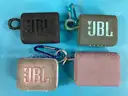4 - Bluetooth Portable Wireless Speakers: 2 - JBL GO 3, 1 - JBL GO 4 & 1 - Gems BTSP11