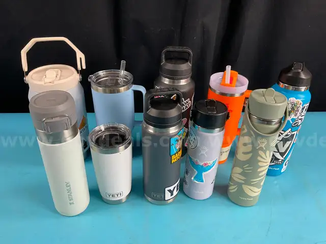 Lot of Water Bottles: Labeled as 4 - YETI, 3 - Stanley & 3 - Hydro Flask