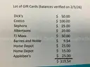 Lot of Gift Cards, Total Balance $319.54