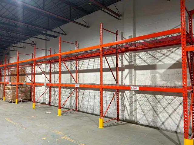 Lot of parts for complete pallet racks - uprights/beams/stringers/wire decking &#x26; protector