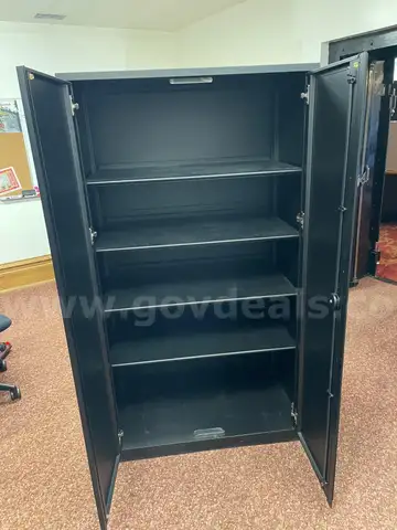 Black, locking metal cabinets