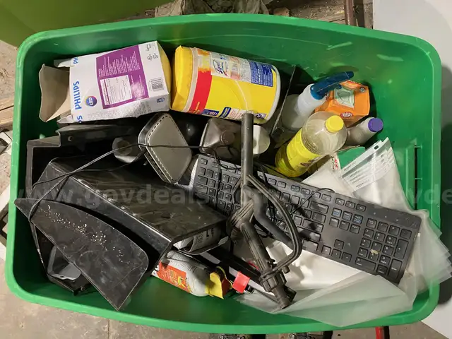 Misc tote of keyboard, cleaning items, and more