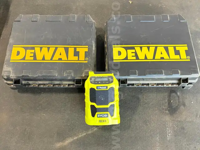 DeWalt 18v Portable Drills (Lot of 2) and (1) Ryobi Bluetooth AM/FM Radio Speaker