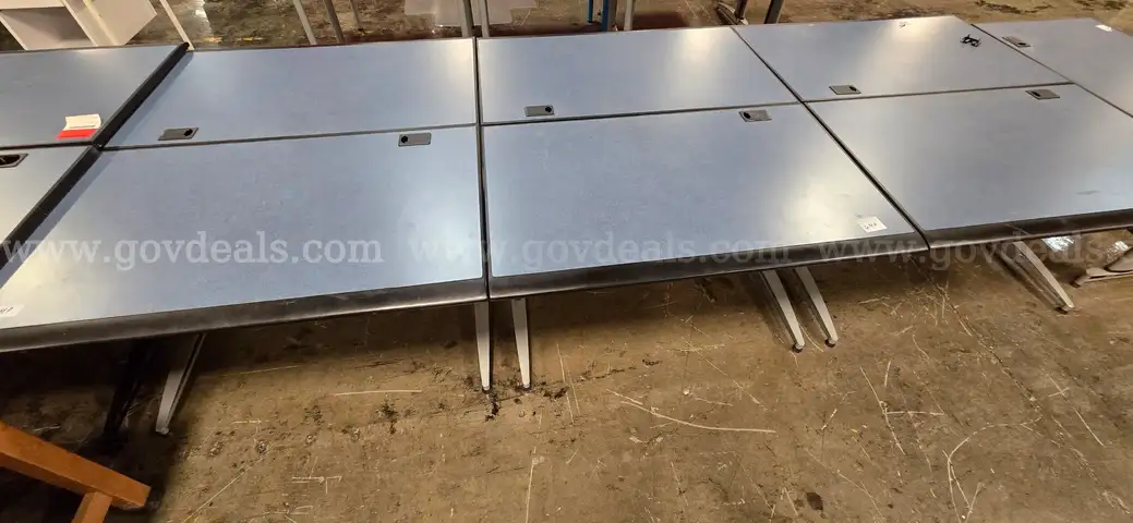 Lot of 7 blue rectangular classroom tables