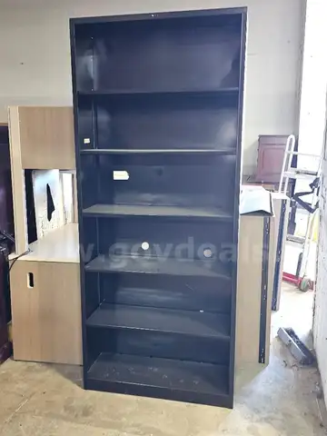 Tall black metal bookshelf &#x26; rolling file cart