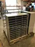 2 mail-slot cabinets and 1 metal display rack