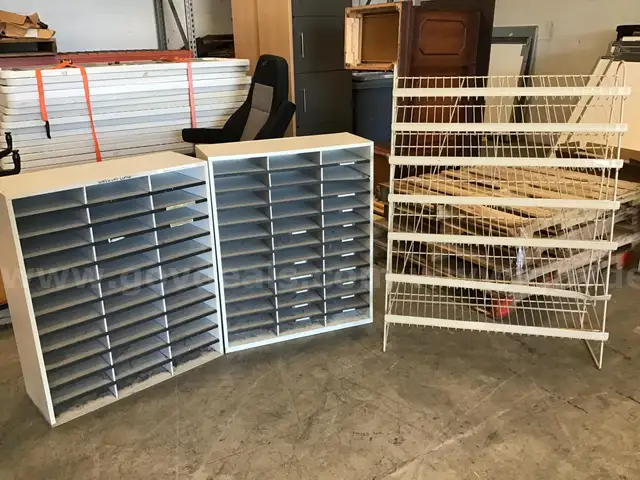 2 mail-slot cabinets and 1 metal display rack