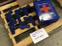 6 Blue solid training guns & a metal First Aid Box